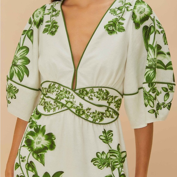 Farm Rio: Off-White Green Floral Cascade Lenzing™ Ecovero™ Euroflax™ Midi Dress - Picture 2 of 11